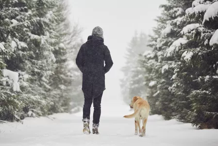 Mann und Hund beim Winterspaziergang im Schnee