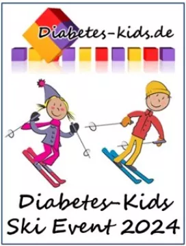 Zwei gemalte Kinder auf Ski. Darüber das Logo von Diabetes-kids.de. Darunter steht "Diabetes-Kids Ski Event 2024"