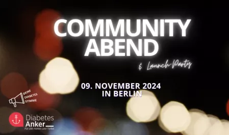 Auf einem Hintergrund mit verschwommenen Lichtern steht "Community-Abend & Launch-Party" sowie das Datum 9. November 20242024